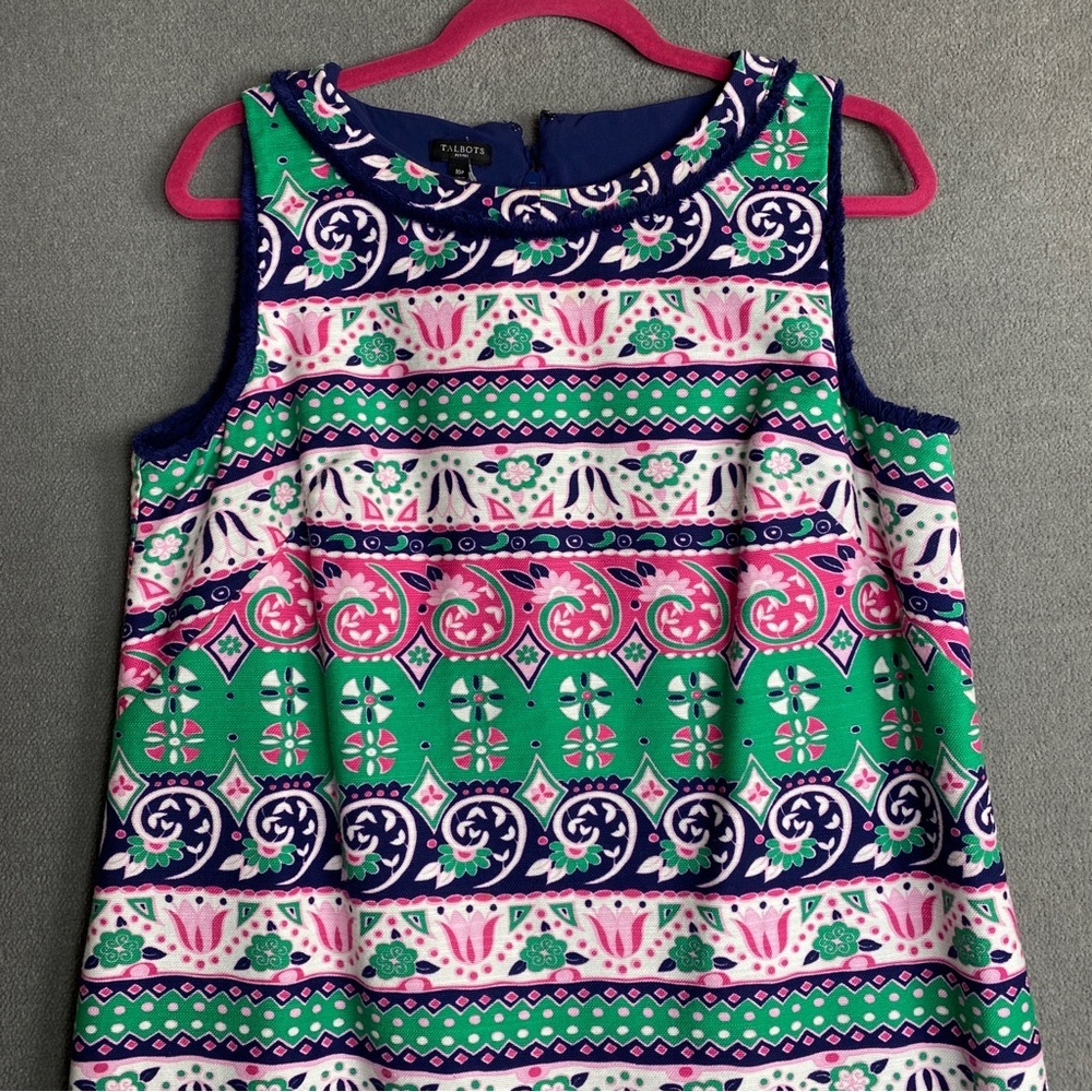 Talbots fringe trim knee length colorful sheath dress size 16P - Picture 2 of 7